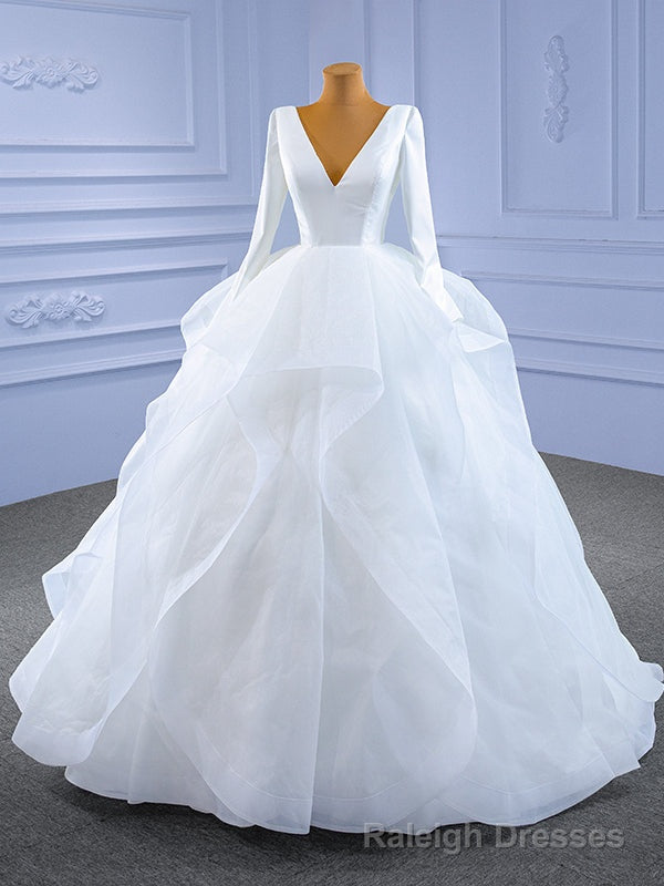 White Satin V-neck Long Sleeve Wedding Dress Main image
