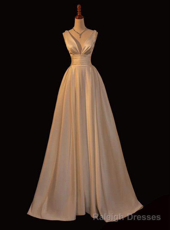 White Satin V Neck Pleats Wedding Dress