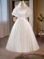 White Satin V Neck Puff Sleeve Button Wedding Dress
