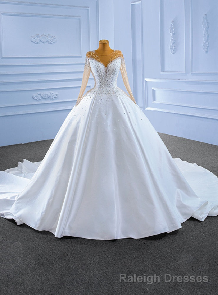 White See-through Neck Satin Long Sleeve Beading Sequins Wedding Dress Main image