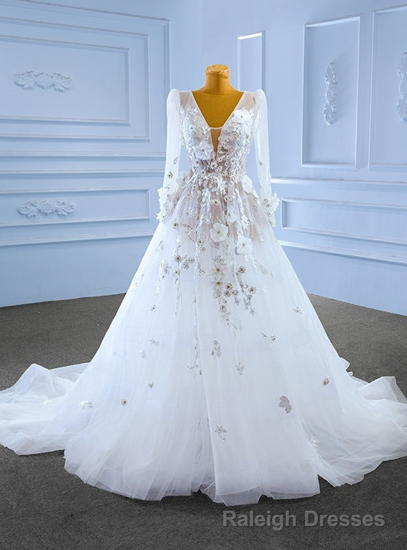 White See Through Tulle V-neck Long Sleeve Appliques Wedding Dress Main image