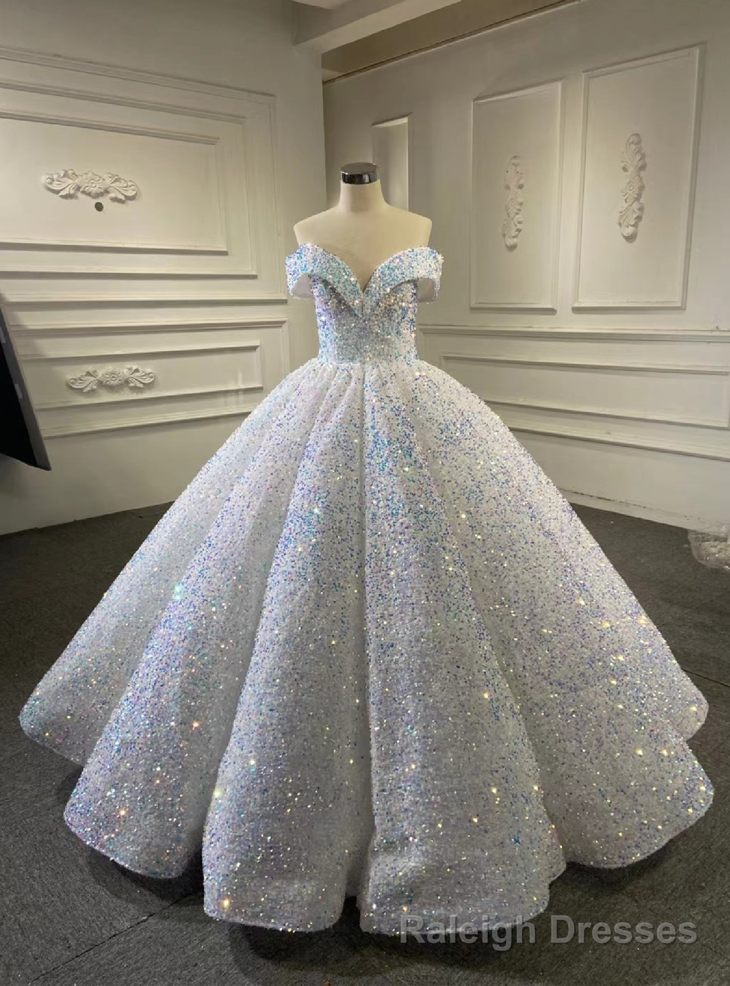 White Sequins Ball Gown Off the Shoulder Prom Dress Main image