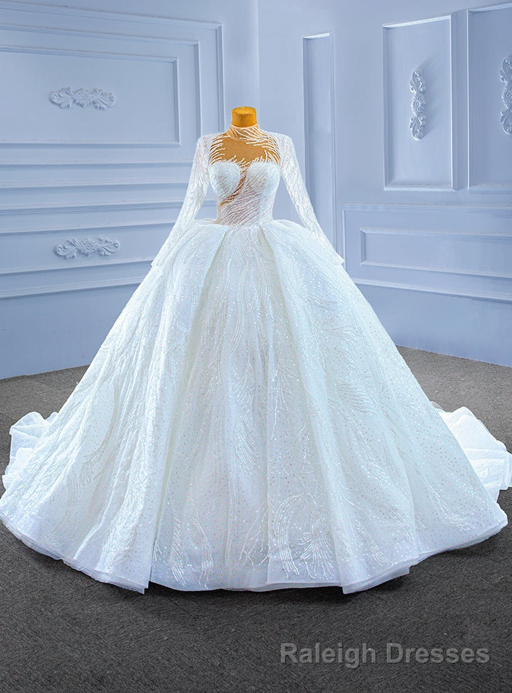 White Sequins Long Sleeve High Neck Wedding Dress Main image