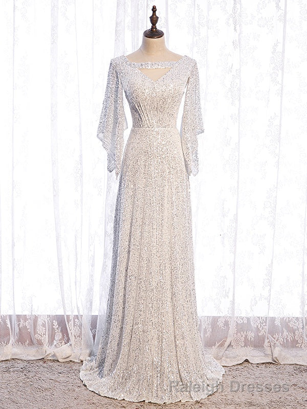 White Sequins Long Sleeve V Neck Prom Dress