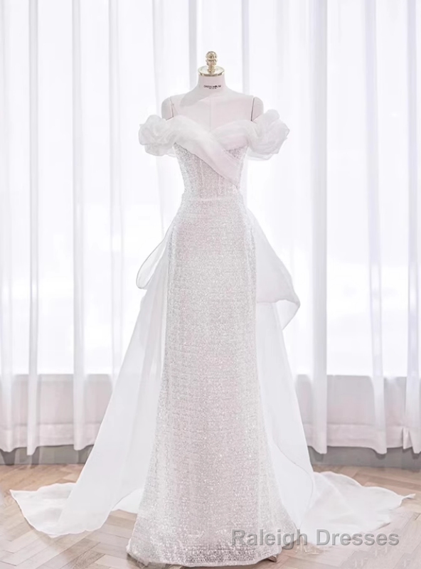 White Sequins Off the Shoulder Wedding Dress Main image