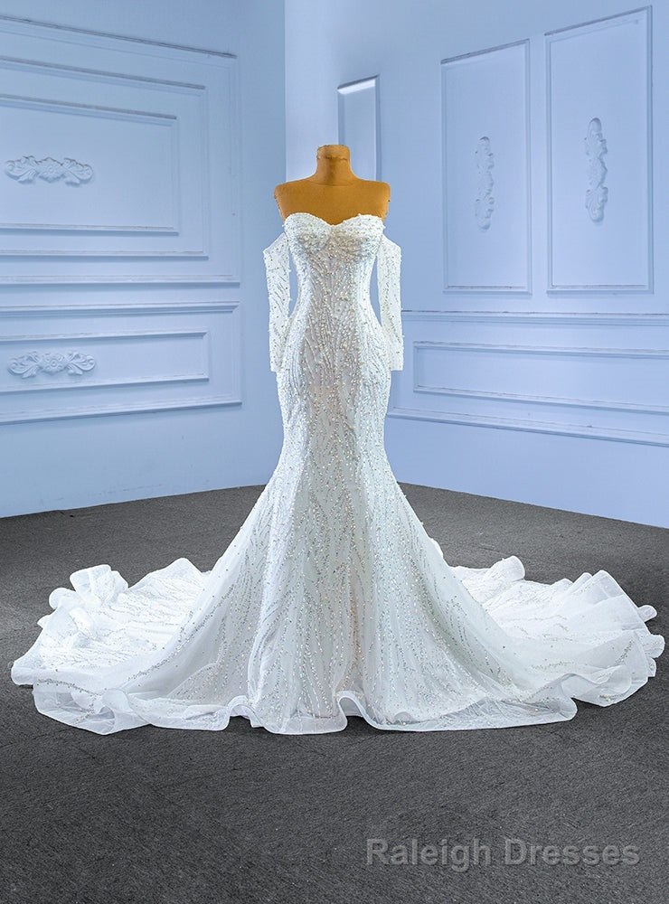 White Sequins Tulle Mermaid Wedding Dress With Detachable Sleeve Main image