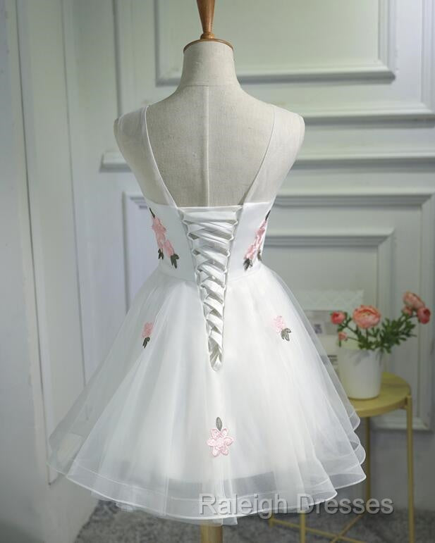 White Short Cute Graduation Prom Dresses Lovely Prom Dresseses Tulle With Flowers