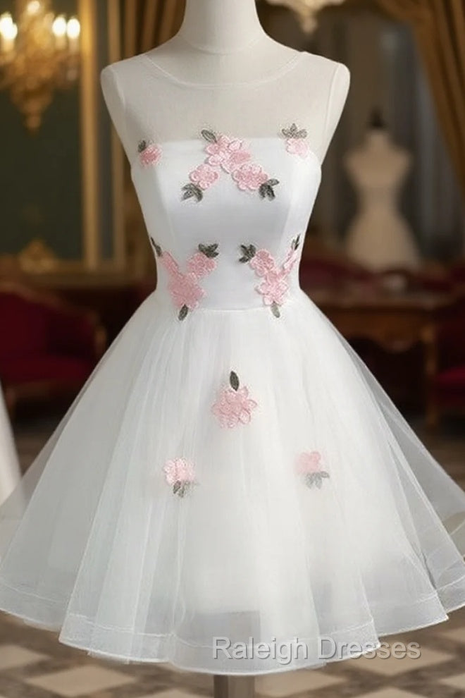 White Short Cute Graduation Party Dress , Lovely Prom Dress , Formal Dress Tulle With Flowers Main image