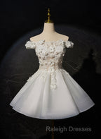 White Short Flowers Lace Short Party Dress, White Graduation Dress Prom Dress