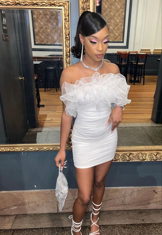White Short Homecoming Dresses With Rufflues Main image