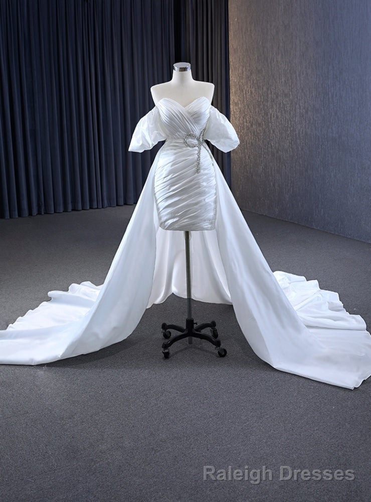 White Short Satin Sweetheart Wedding Dress Detachable Train Main image
