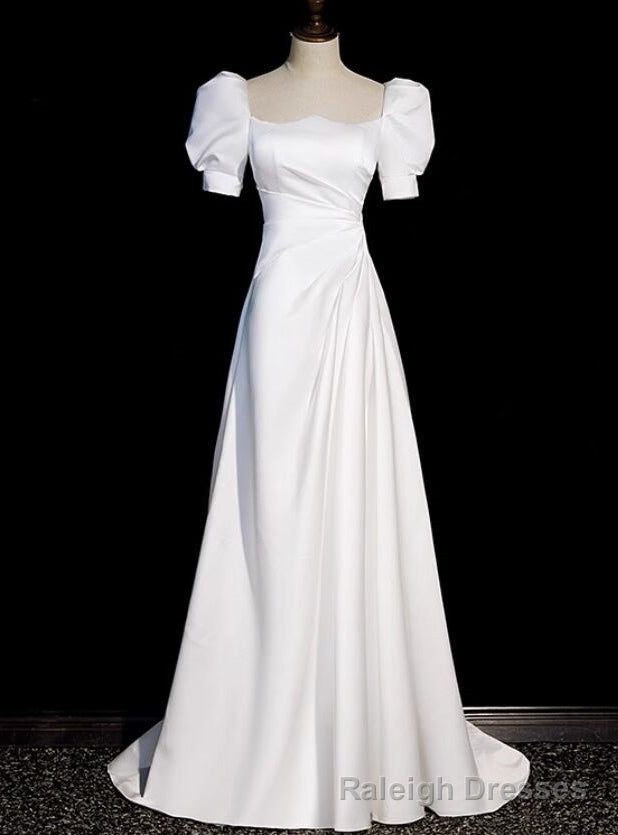 White Short Sleeve Square Neck Pleats Wedding Dress Main image