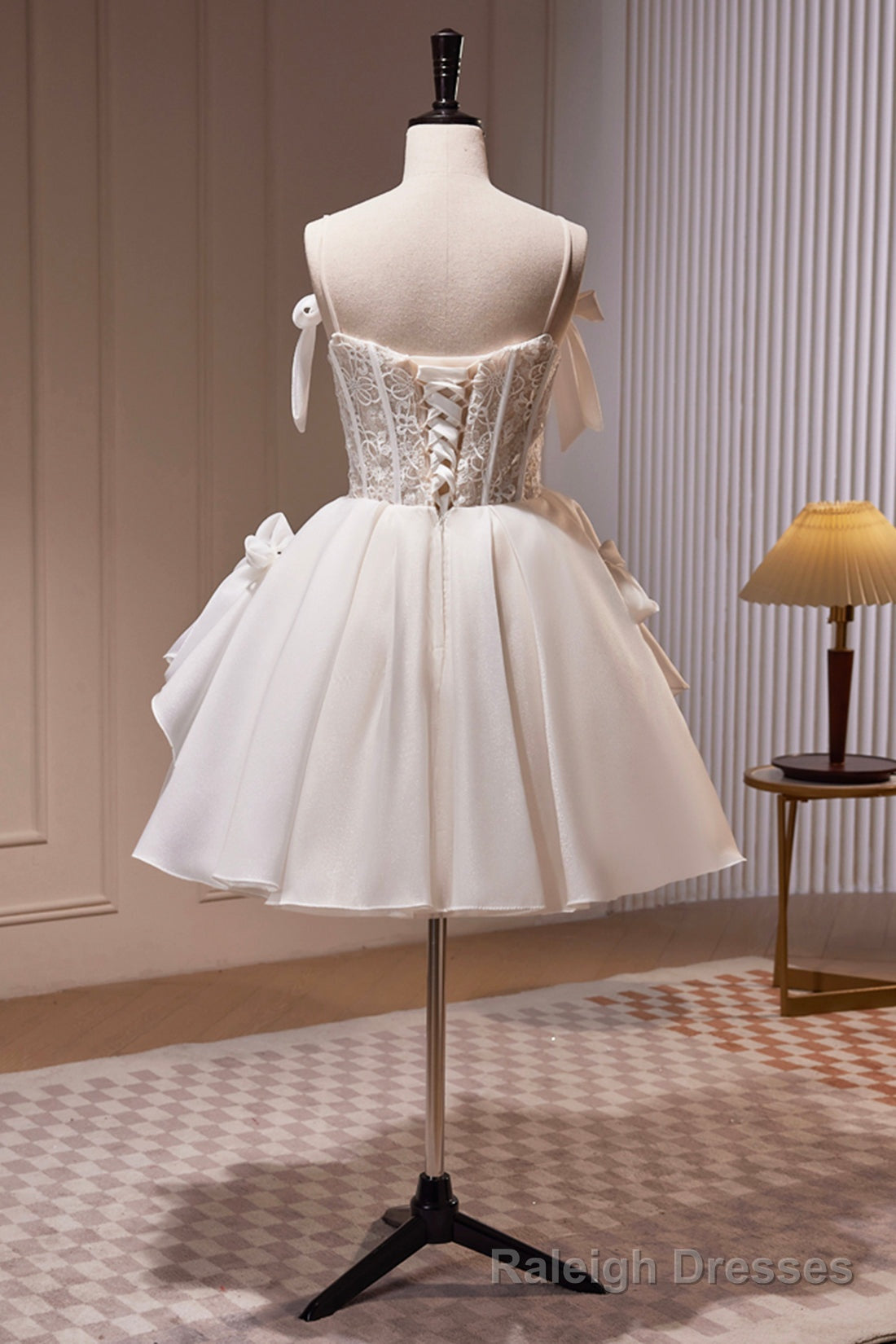 White Spaghetti Strap Lace Short Prom Dress