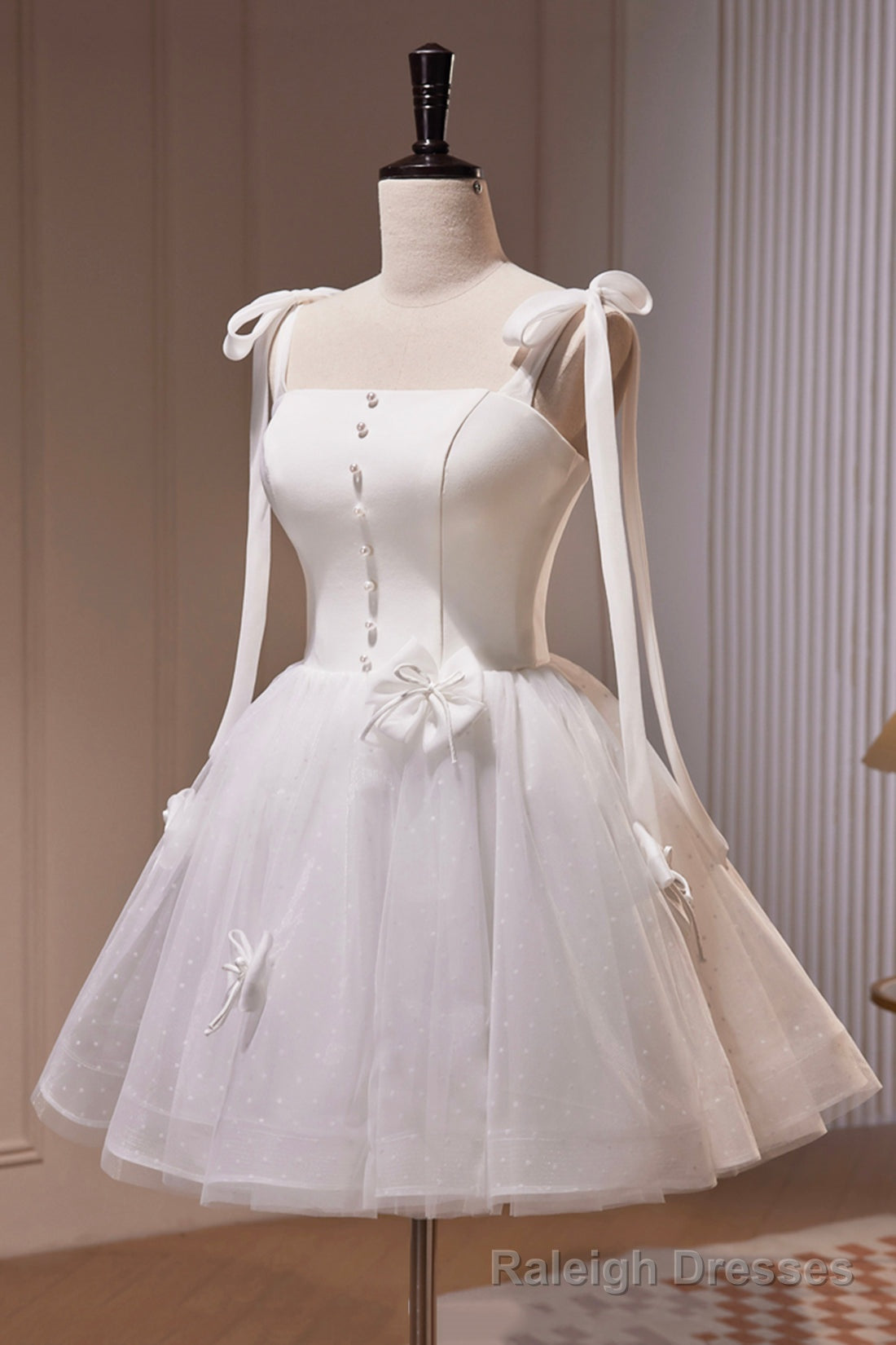 White Spaghetti Strap Short Prom Dress, White Tulle Prom Dress