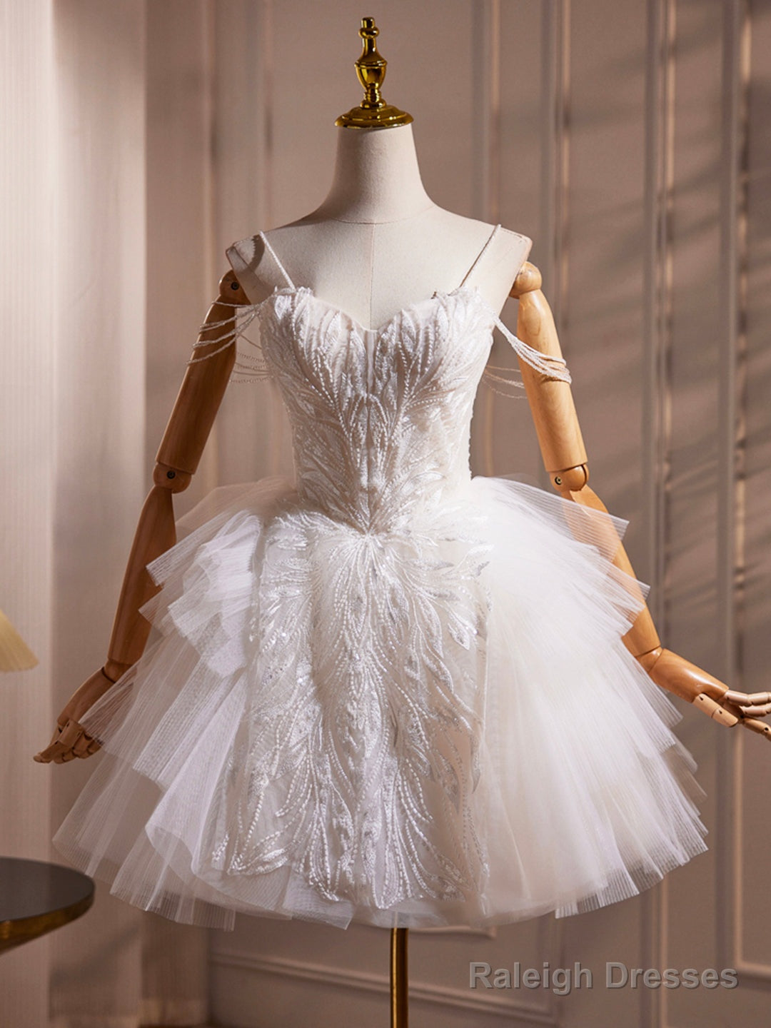 White Spaghetti Strap Tulle Beaded Short Prom Dress, Cute A-Line Party Dress