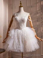 White Spaghetti Strap Tulle Beaded Short Prom Dresses Cute A-Line Prom Dresses
