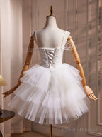 White Spaghetti Strap Tulle Beaded Short Prom Dress, Cute A-Line Party Dress