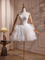 White Spaghetti Strap Tulle Beaded Short Prom Dress, Cute A-Line Party Dress