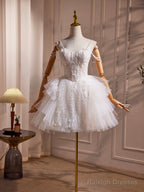 White Spaghetti Strap Tulle Beaded Short Prom Dresses Cute A-Line Prom Dresses