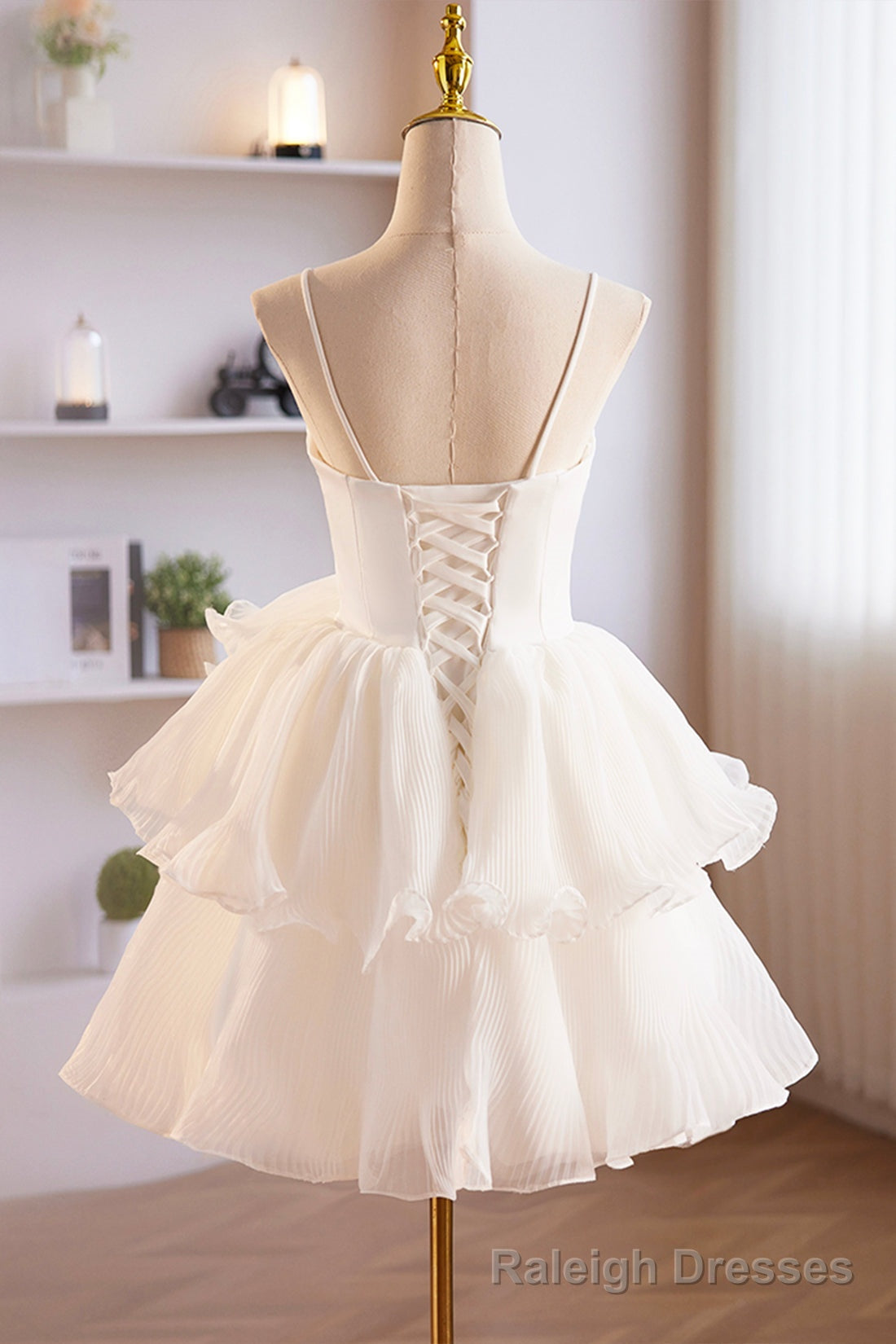 White Spaghetti Strap Tulle Short Prom Dress, White A Line Homecoming Dress