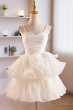 White Spaghetti Strap Tulle Short Prom Dress, White A Line Homecoming Dress