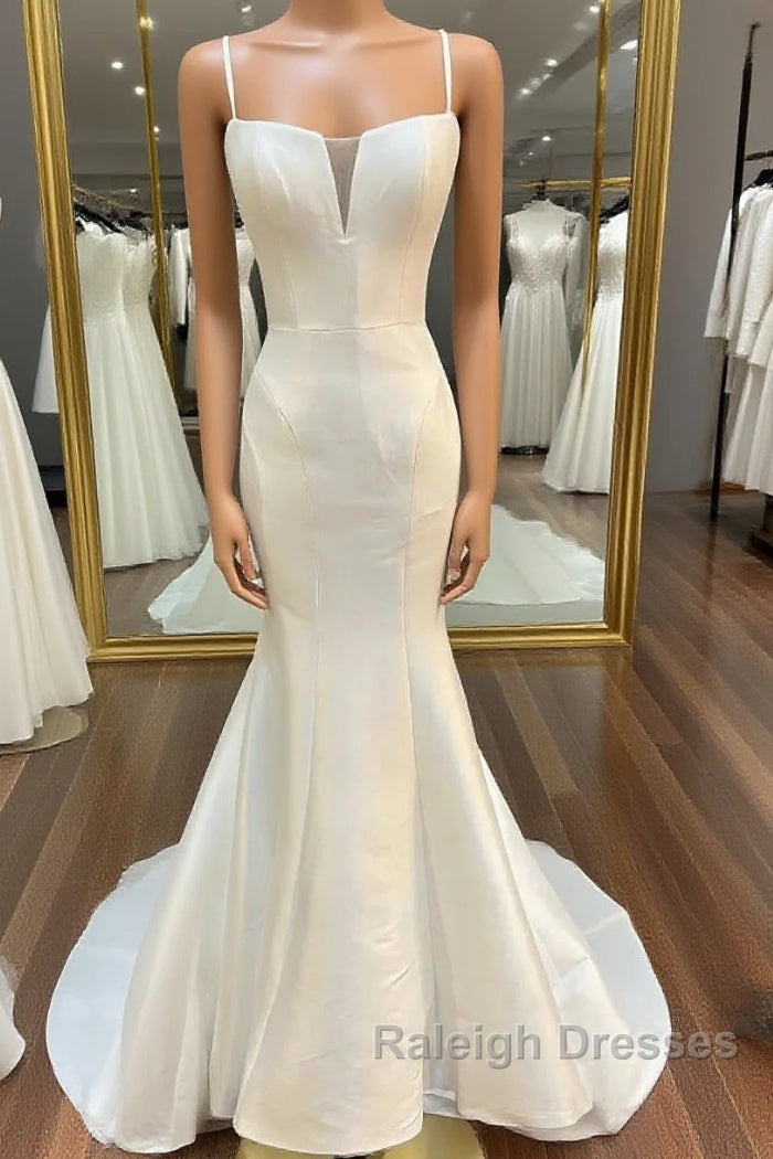White Split Neck Trumpet Long Wedding Dress