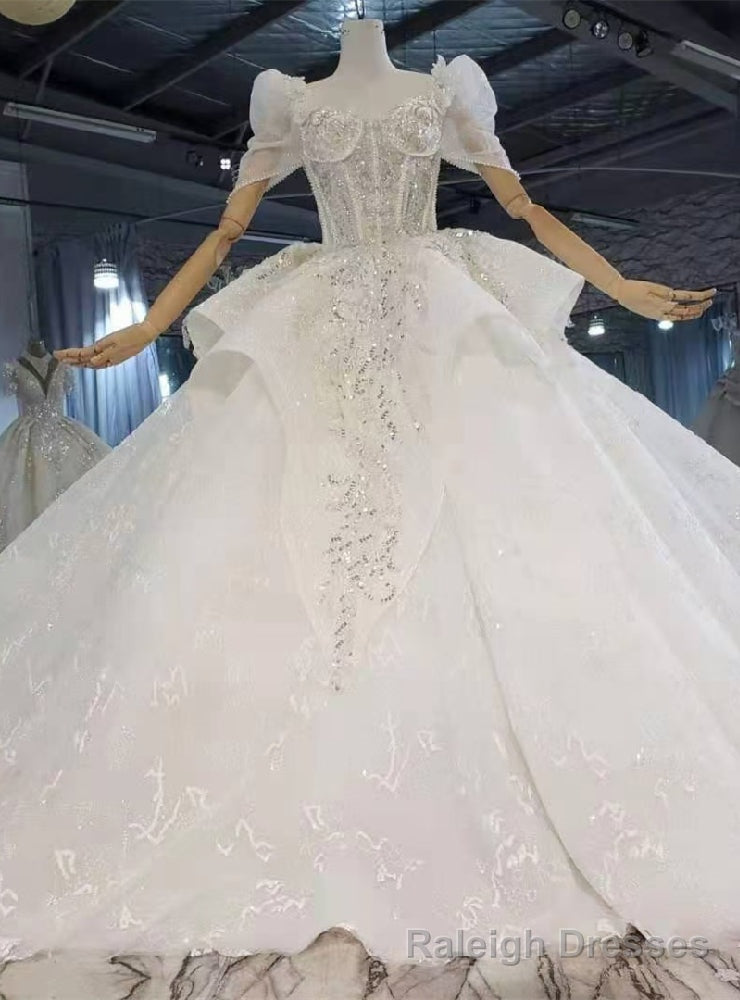 White Square Puff Sleeve Beading Sequins Wedding Dress Main image