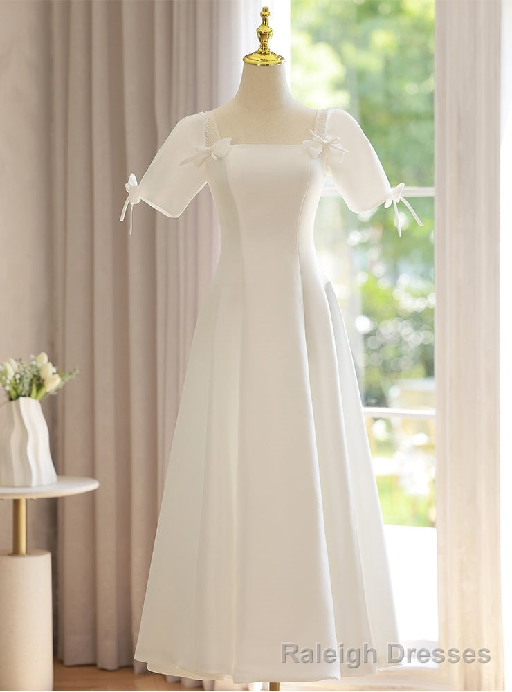 White Square Short Sleeve Bow Wedding Dress Main image