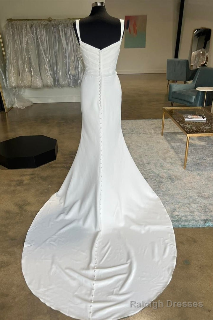 White Straight Neck Mermaid Long Wedding Dress Pure Color