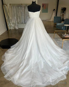 White Sweetheart A-Line Tulle Long Wedding Dresses Off Shoulder
