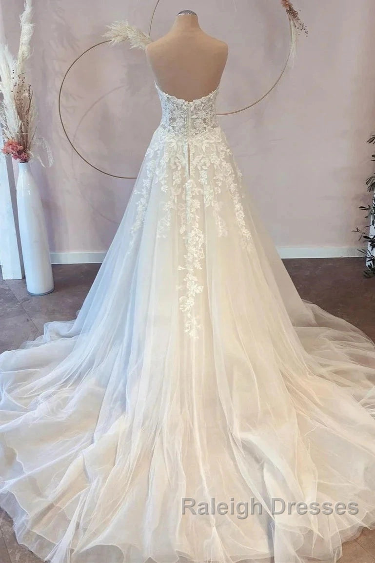 White Sweetheart A-Line Wedding Dress Tulle Lace Bridal Dress With Sweep Train Off Shoulder Elegant