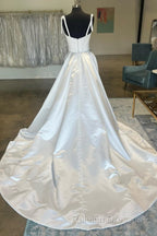 White Sweetheart Bow-Strap A-Line Long Modest Wedding Dresses