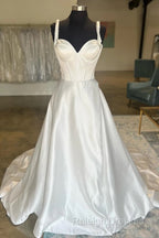 White Sweetheart Bow-Strap A-Line Long Modest Wedding Dresses