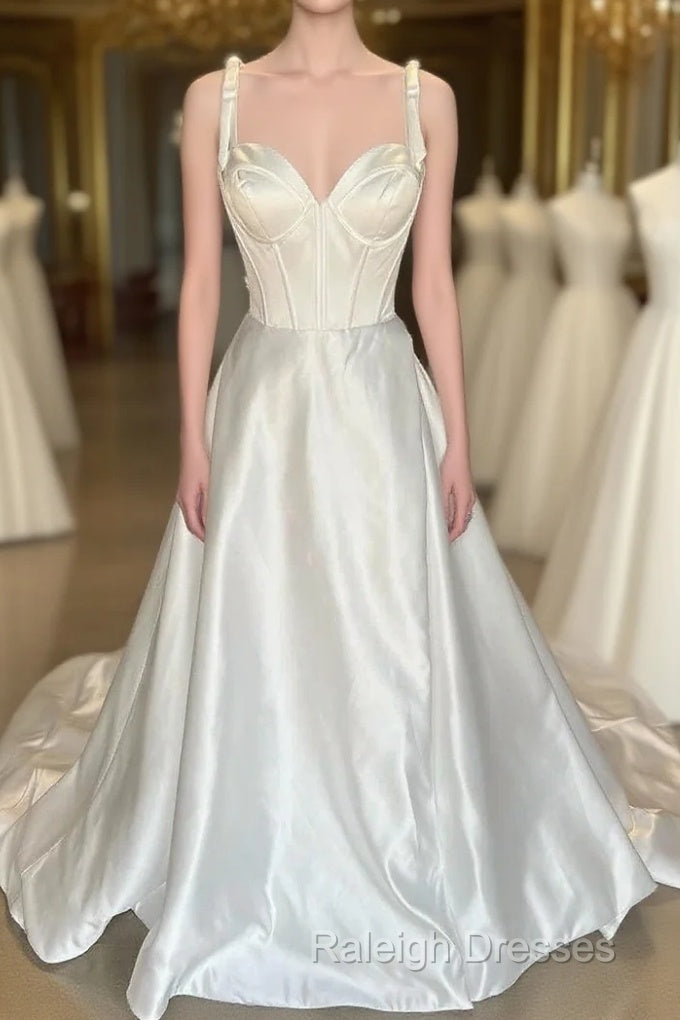 White Sweetheart Bow-Strap A-Line Long Modest Wedding Dress Main image