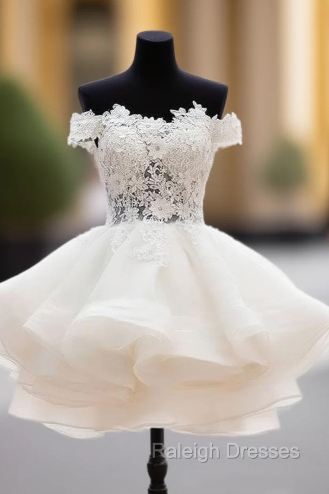 White Sweetheart Lace Applique Short Prom Dress, Cute White Homecoming Dress Main image