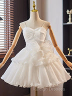 White Sweetheart Neck Organza Short Prom Dress, White Homecoming Dress