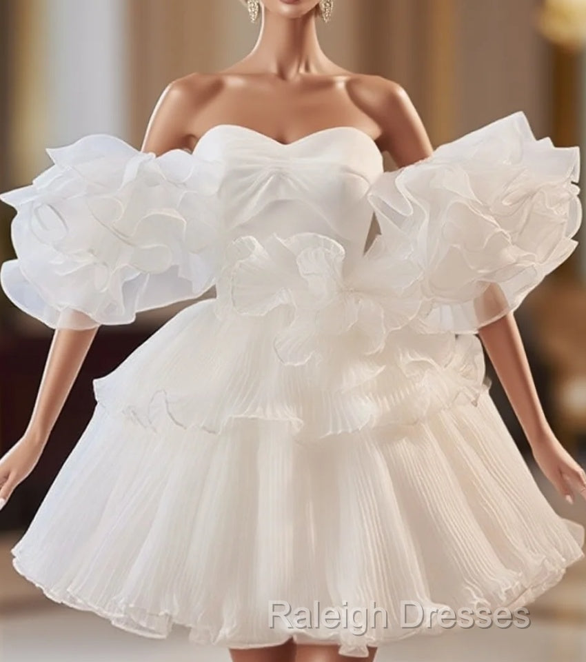 White Sweetheart Neck Organza Short Prom Dress, White Homecoming Dress