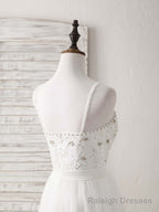 White Sweetheart Neck Tulle Beads Long Prom Dress White Prom Dress