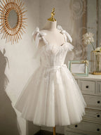 White Sweetheart Neck Tulle Lace Short Formal Prom Dress, White Tulle Formal Dress