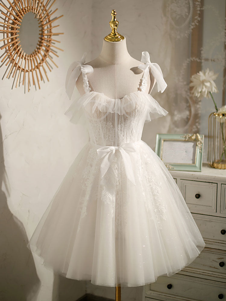 White Sweetheart Neck Tulle Lace Short Formal Prom Dress, White Tulle Formal Dress Main image