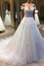 White sweetheart tulle lace applique long prom dress, wedding dress