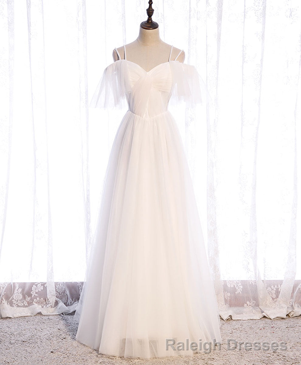 White Sweetheart Tulle Long Prom Dress, White Bridesmaid Dress Secondary image