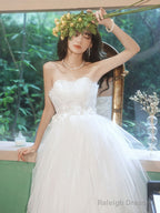White Sweetheart Tulle Tea Length Lace Prom Dress, Lace Evening Dress