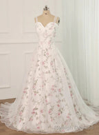 White Tulle and Floral Long Straps Formal Gown Beautiful White Party Dress prom dresses shops