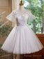 White Tulle Appliques Short Sleeve Homecoming Dress