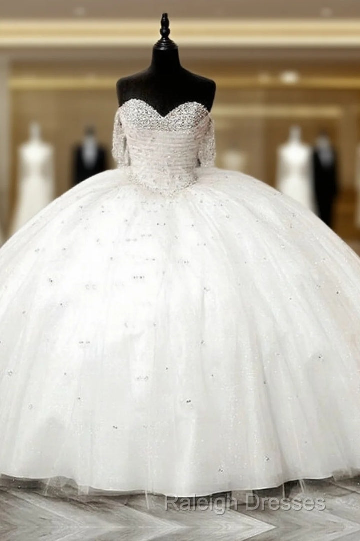 White Tulle Beaded Sweetheart Ball Gown Dress