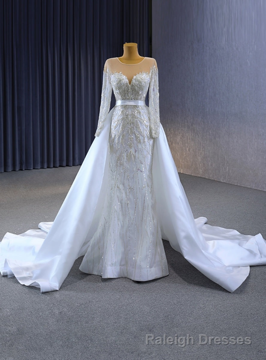 White Tulle Beading Long Sleeve Wedding Dress With Removable Train Main image