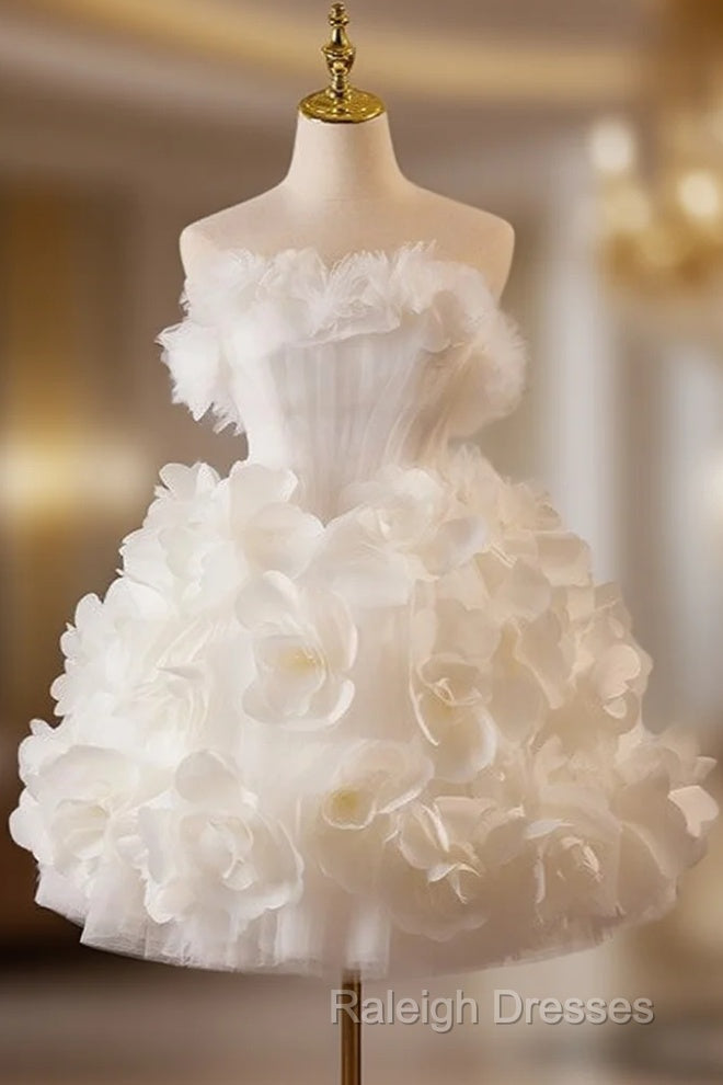 White Tulle Flower Ball Gown Short Prom Dress, Cute Sweet 16 Dress Main image