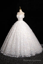 White Tulle Flowers Floor Length Prom Dresses, Beautiful A-Line Backless Sweet 16 Formal Dresses