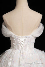 White Tulle Flowers Floor Length Prom Dresses, Beautiful A-Line Backless Sweet 16 Formal Dresses